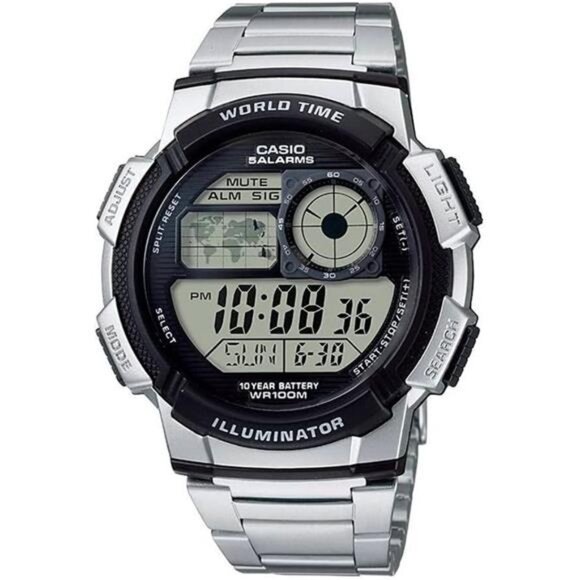 Men’s Digital Watch | Silver | 100M WR | Multi Alarms | 100 SEC Stopwatch - Picture 1 of 2